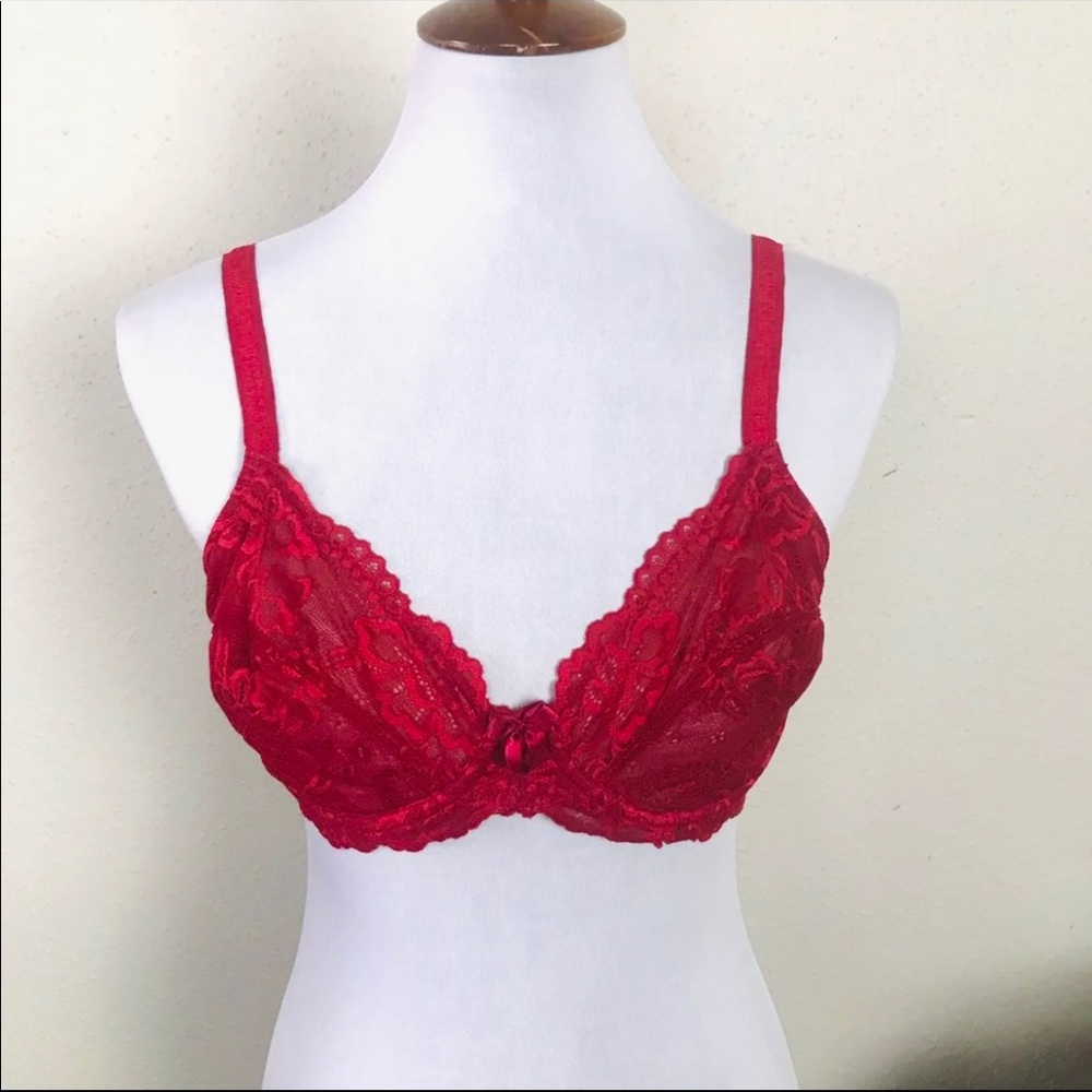 Jones New York Deep Red lace sheer bra 34D